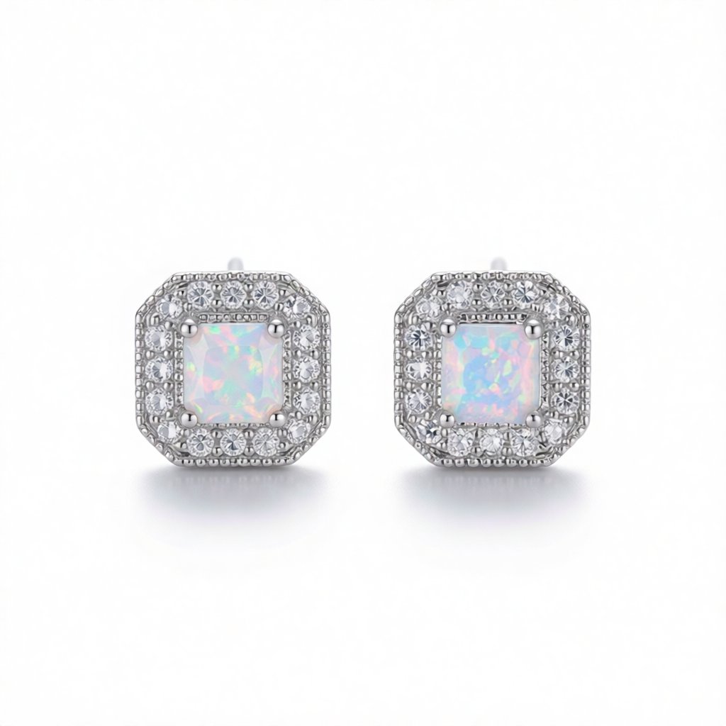 White Opal Princess-Cut Halo Stud Earrings, cubic zirconia stud earrings for women, vintage-inspired design, side view