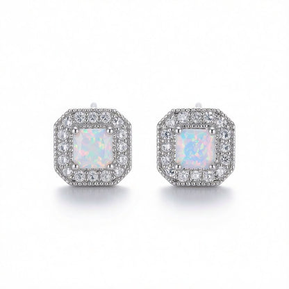 White Opal Princess-Cut Halo Stud Earrings, cubic zirconia stud earrings for women, vintage-inspired design, side view