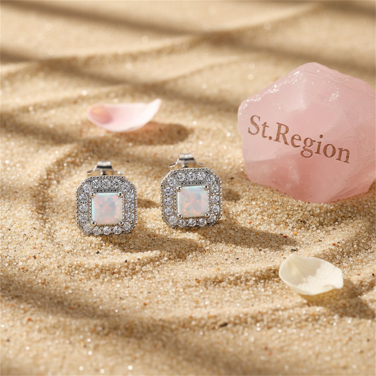 White Opal Princess-Cut Halo Stud Earrings, cubic zirconia stud earrings for women, vintage-inspired design, detail close-up