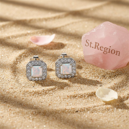 White Opal Princess-Cut Halo Stud Earrings, cubic zirconia stud earrings for women, vintage-inspired design, detail close-up