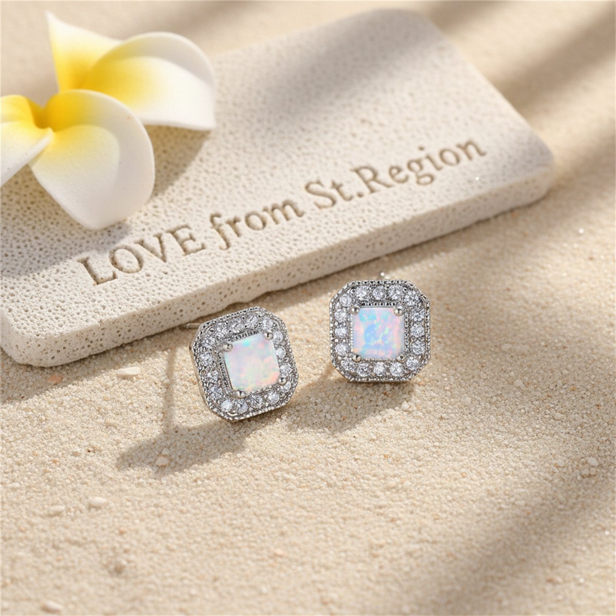 White Opal Princess-Cut Halo Stud Earrings, cubic zirconia stud earrings for women, vintage-inspired design, lifestyle look