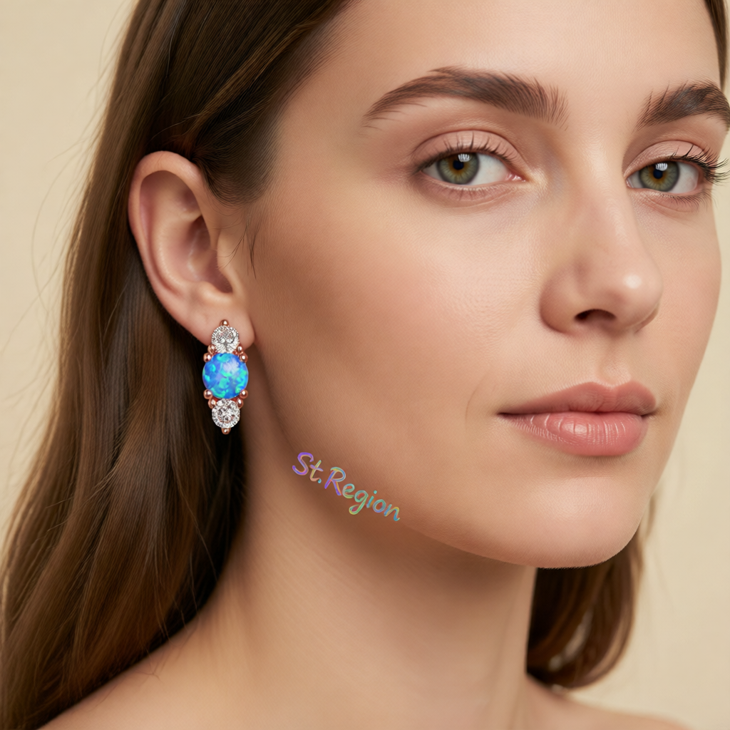 Blue Opal & Cubic Zirconia Stacked Round-Cut Stud Earrings