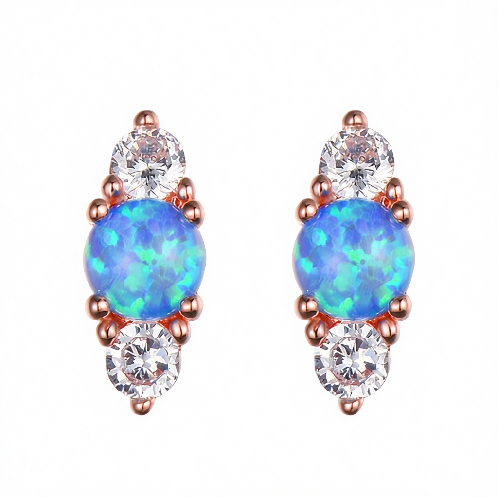 Blue Opal & Cubic Zirconia Stacked Round-Cut Stud Earrings