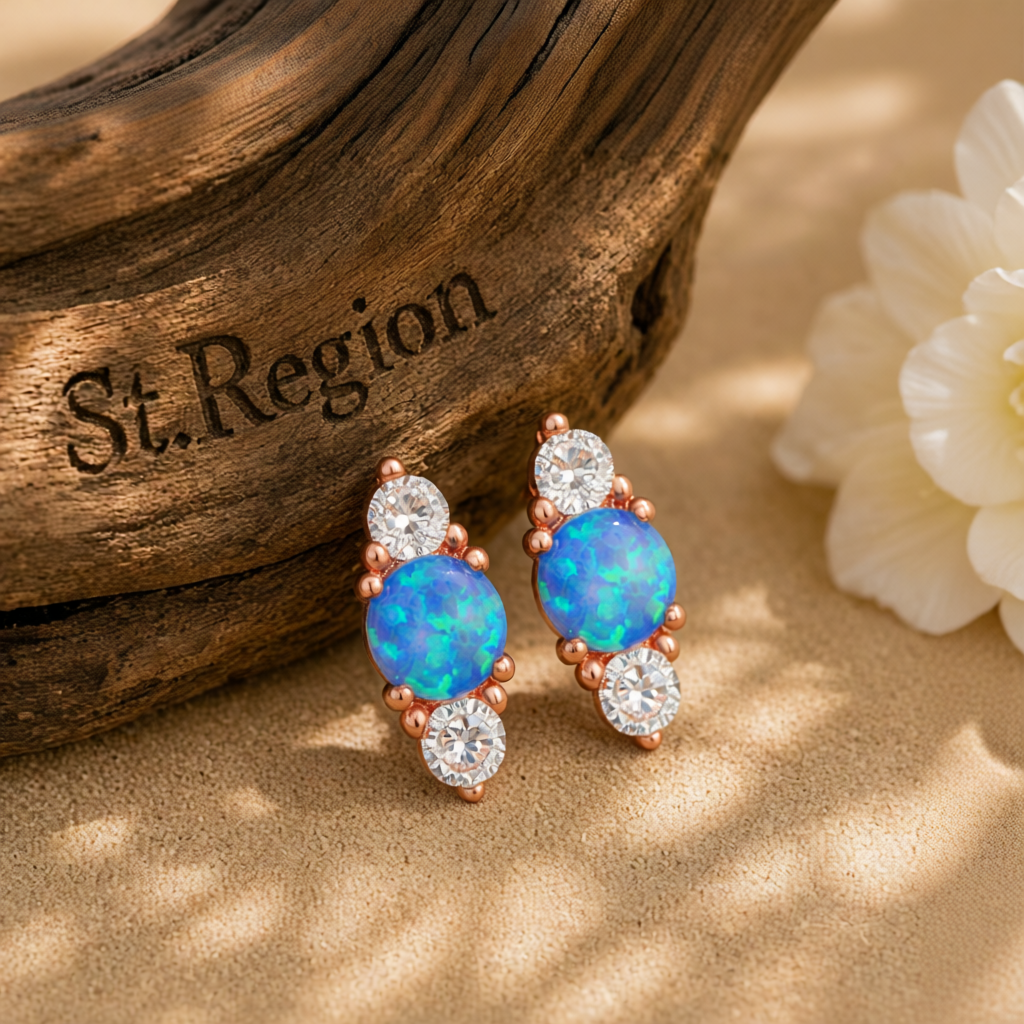 Blue Opal & Cubic Zirconia Stacked Round-Cut Stud Earrings