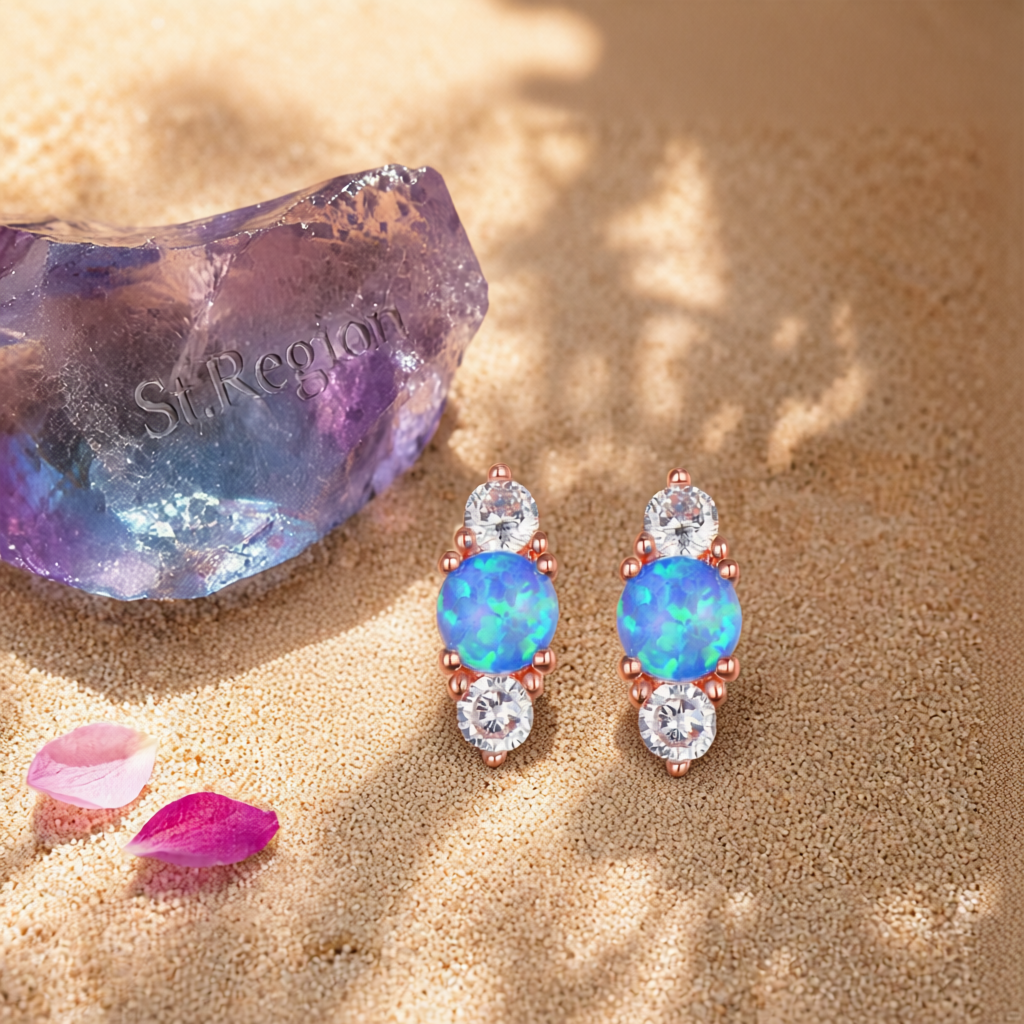 Blue Opal & Cubic Zirconia Stacked Round-Cut Stud Earrings