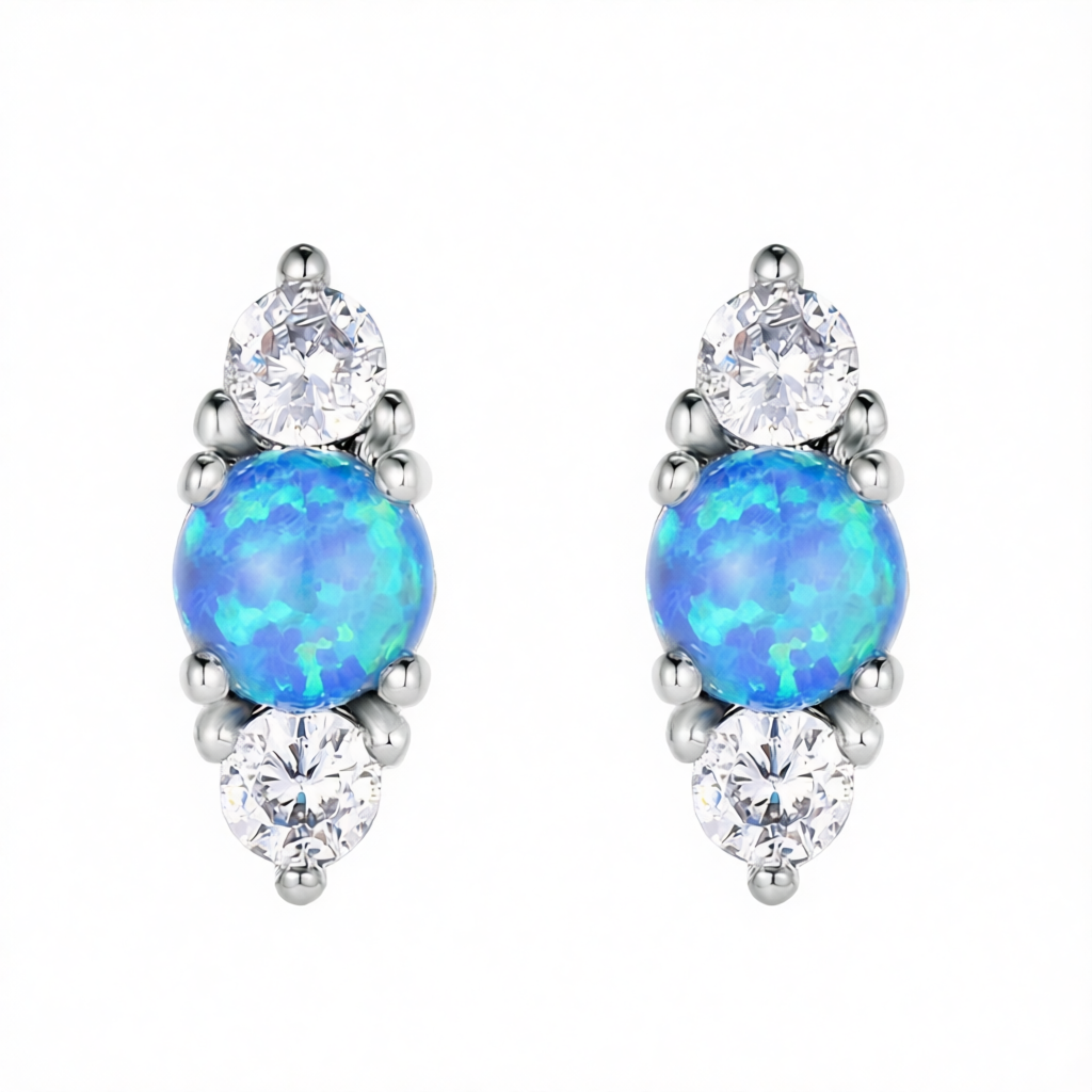 Blue Opal & Cubic Zirconia Silver-Plated Stacked Round-Cut Stud Earrings