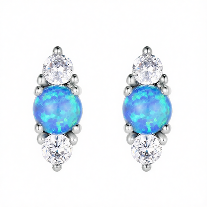 Blue Opal & Cubic Zirconia Silver-Plated Stacked Round-Cut Stud Earrings