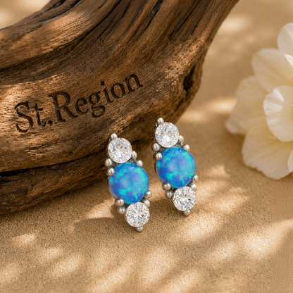 Blue Opal & Cubic Zirconia Silver-Plated Stacked Round-Cut Stud Earrings