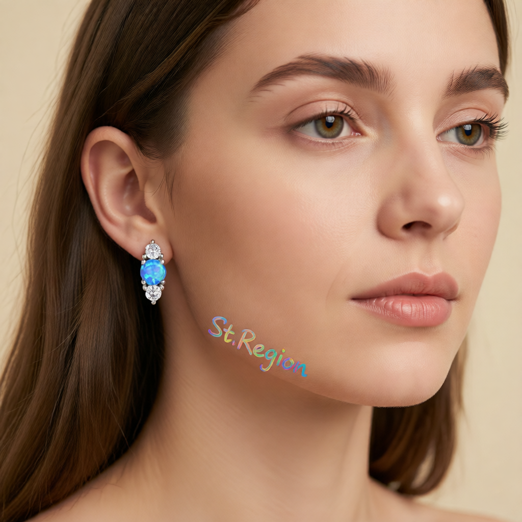 Blue Opal & Cubic Zirconia Silver-Plated Stacked Round-Cut Stud Earrings
