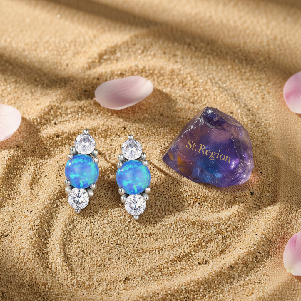 Blue Opal & Cubic Zirconia Silver-Plated Stacked Round-Cut Stud Earrings