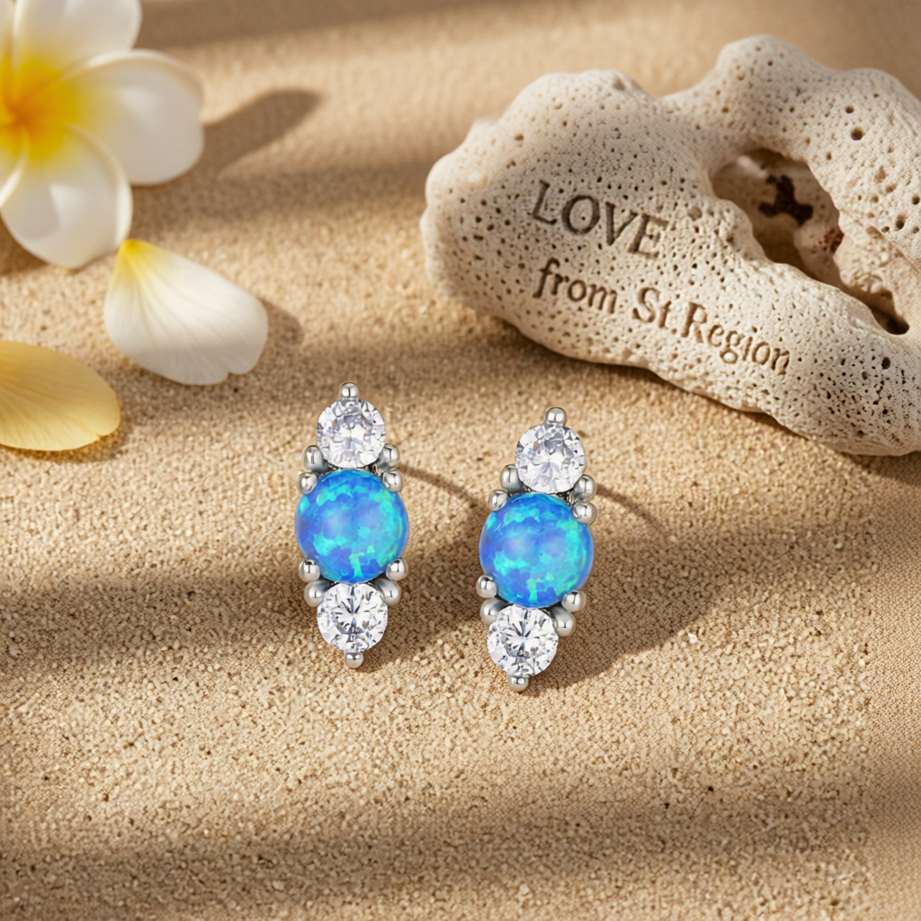 Blue Opal & Cubic Zirconia Silver-Plated Stacked Round-Cut Stud Earrings