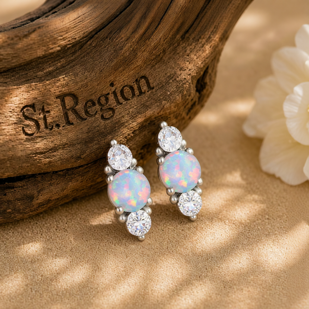 Opal & Cubic Zirconia Silver-Plated Stacked Round-Cut Stud Earrings