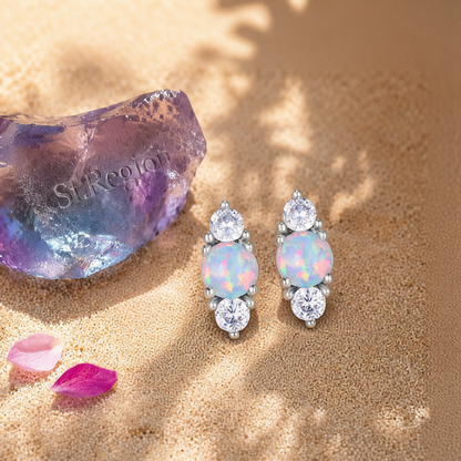 Opal & Cubic Zirconia Silver-Plated Stacked Round-Cut Stud Earrings