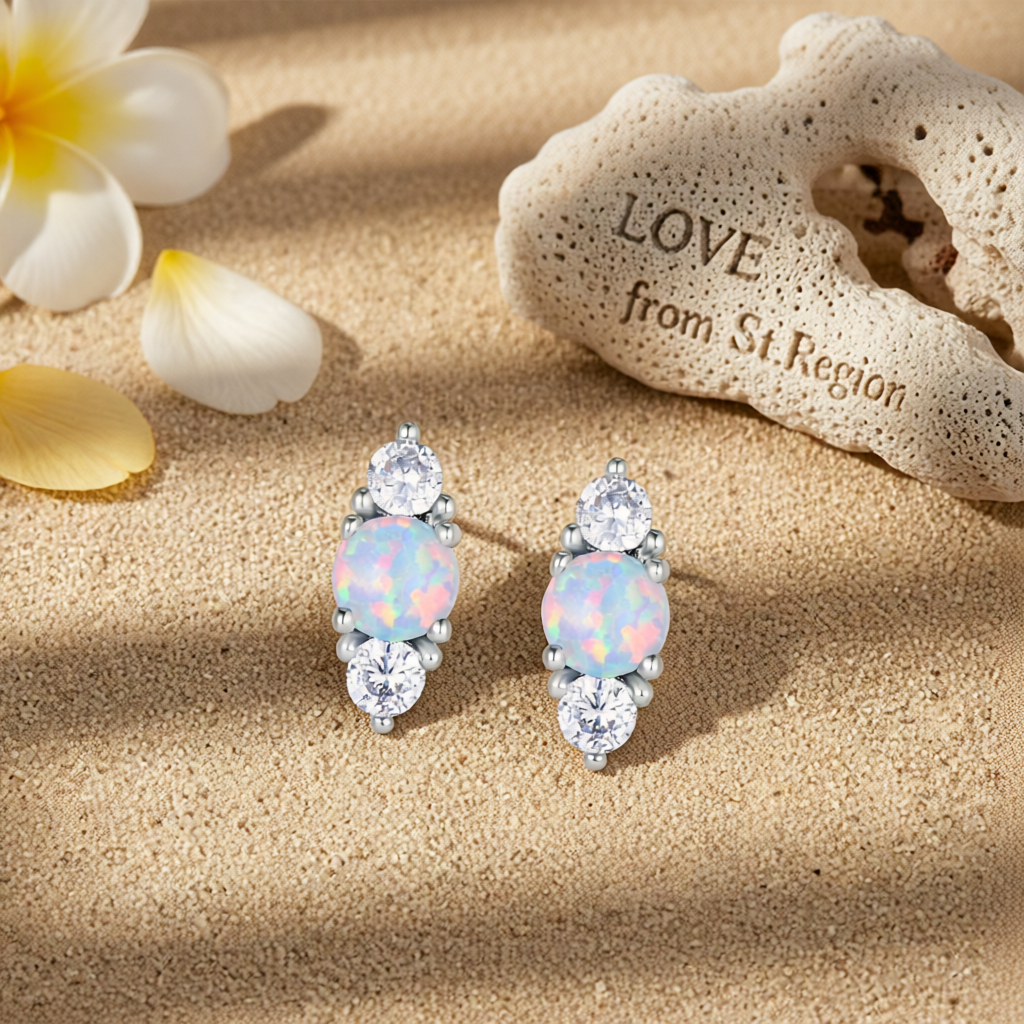 Opal & Cubic Zirconia Silver-Plated Stacked Round-Cut Stud Earrings