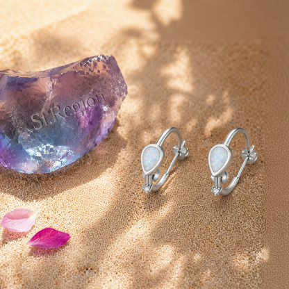Opal & Cubic Zirconia Silver-Plated Pear-Cut Hoop Earrings
