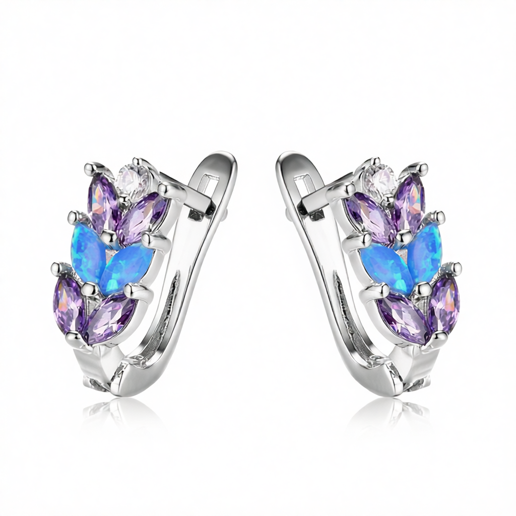 Purple Crystal & Blue Opal Silver-Plated Leverback Earrings