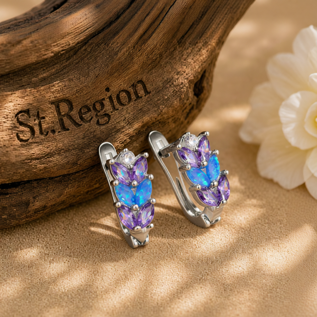 Purple Crystal & Blue Opal Silver-Plated Leverback Earrings