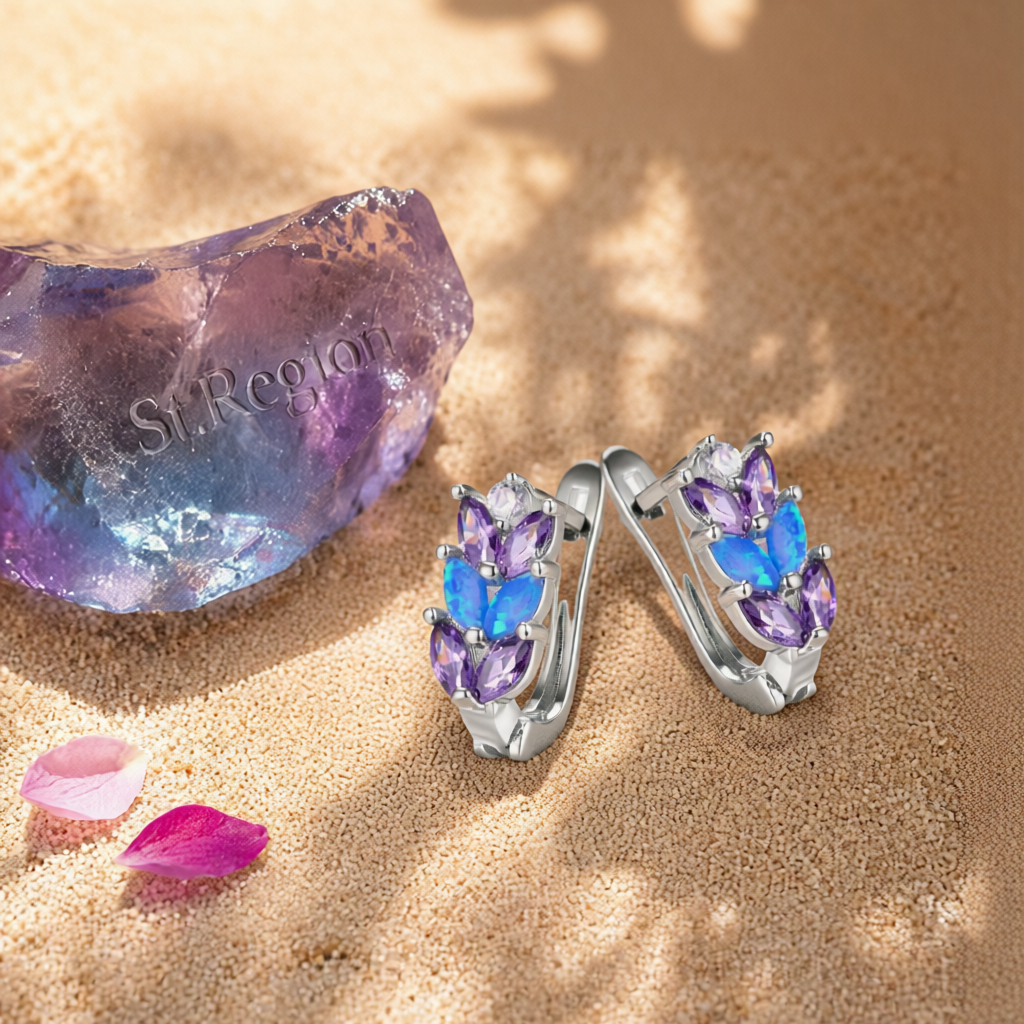 Purple Crystal & Blue Opal Silver-Plated Leverback Earrings