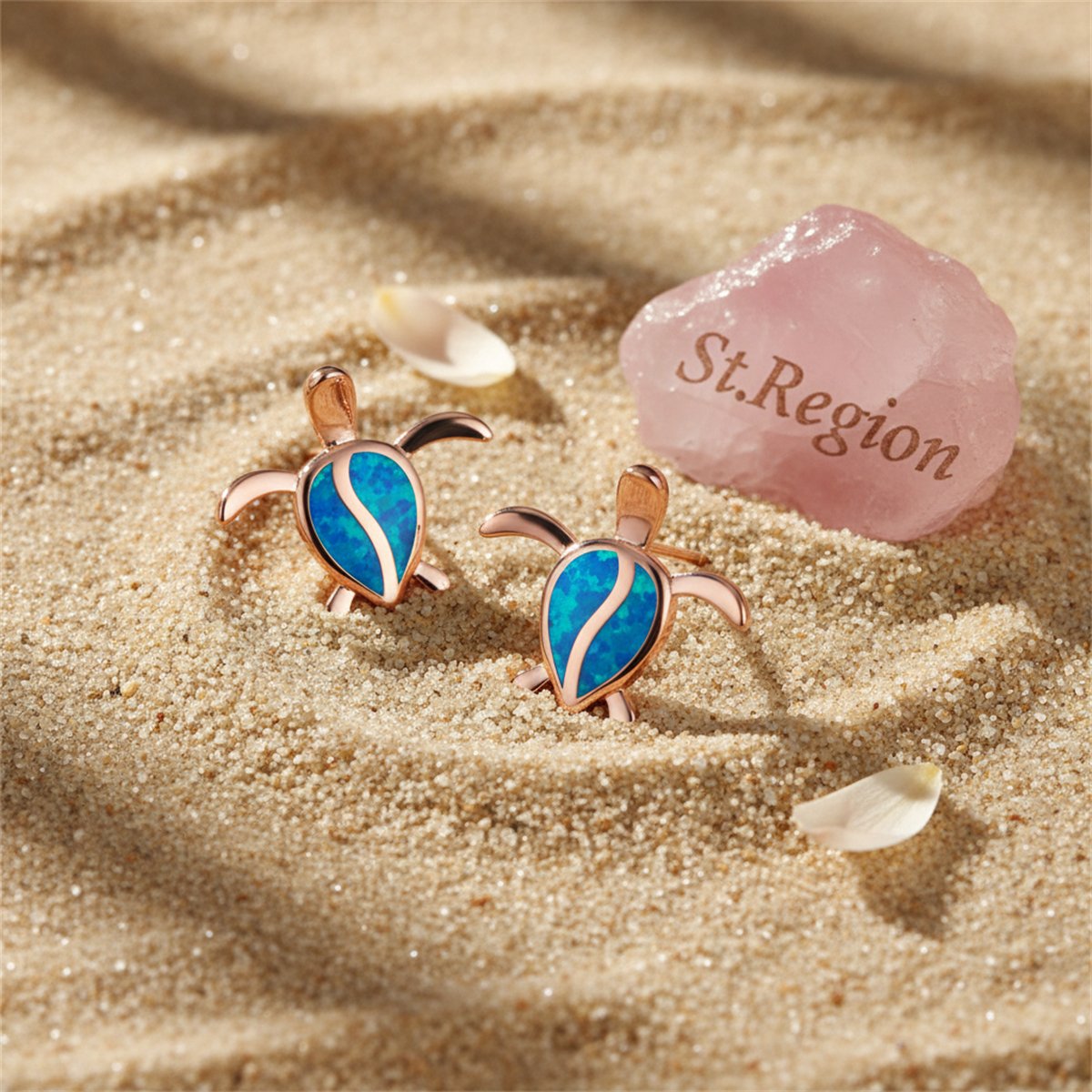 Blue Opal and 18K Rose Gold-Plated Turtle Stud Earrings, rose gold stud earrings for women, detail close-up