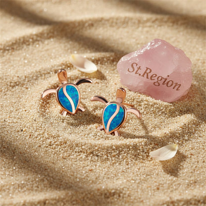 Blue Opal and 18K Rose Gold-Plated Turtle Stud Earrings, rose gold stud earrings for women, detail close-up