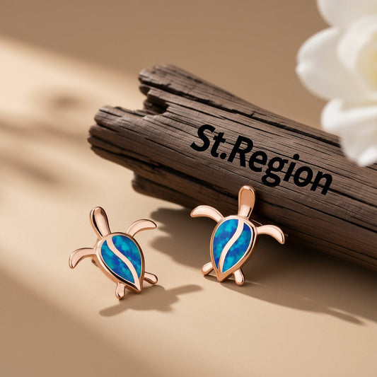Blue Opal and 18K Rose Gold-Plated Turtle Stud Earrings, rose gold stud earrings for women, front view