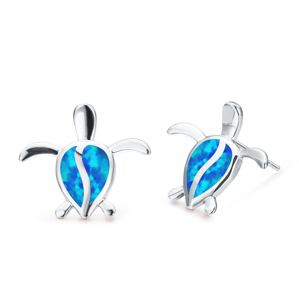 Blue Opal & Silver-Plated Turtle Stud Earrings