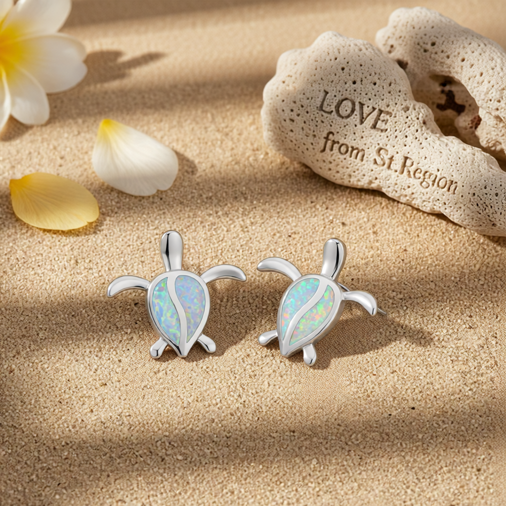 Opal & Silver-Plated Turtle Stud Earrings