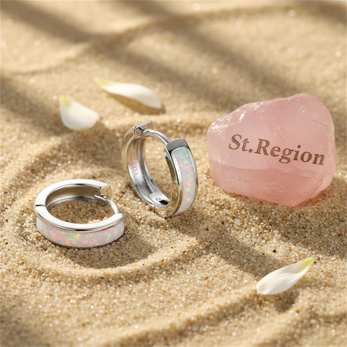 Opal and Silver-Plated Huggie Earrings, silver huggie earrings, elegant gift for her, detail close-up