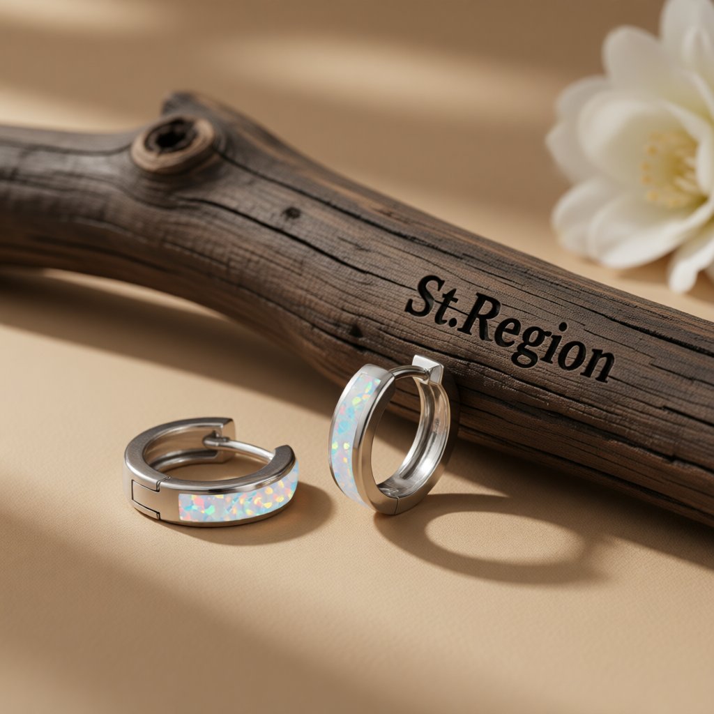 Opal and Silver-Plated Huggie Earrings, silver huggie earrings, elegant gift for her, front view