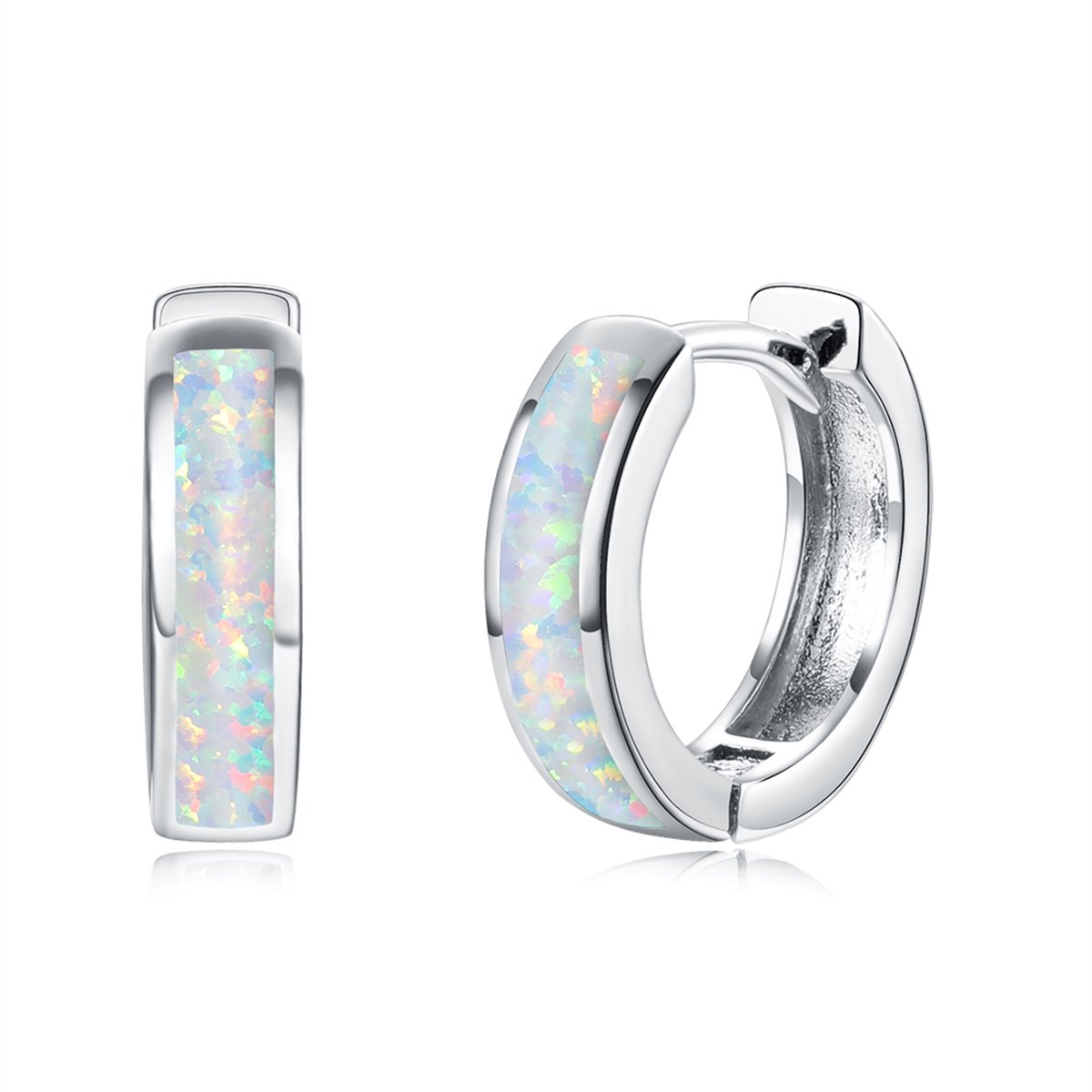 Opal and Silver-Plated Huggie Earrings, silver huggie earrings, elegant gift for her, side view