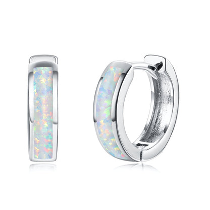 Opal and Silver-Plated Huggie Earrings, silver huggie earrings, elegant gift for her, side view