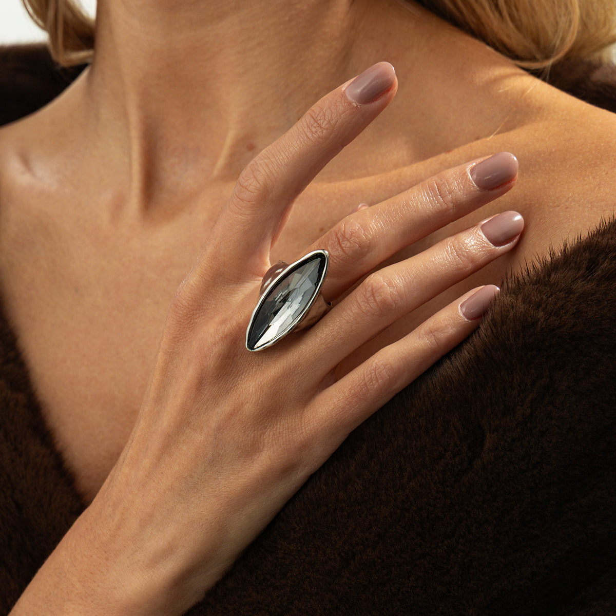 Gray Crystal and Silvertone Marquise Open Ring, elegant gift for her, lifestyle look