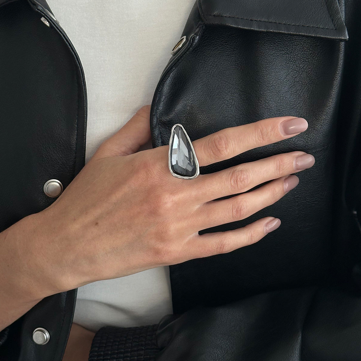 Gray Crystal and Silvertone Triangle Open Ring, everyday style, lifestyle look