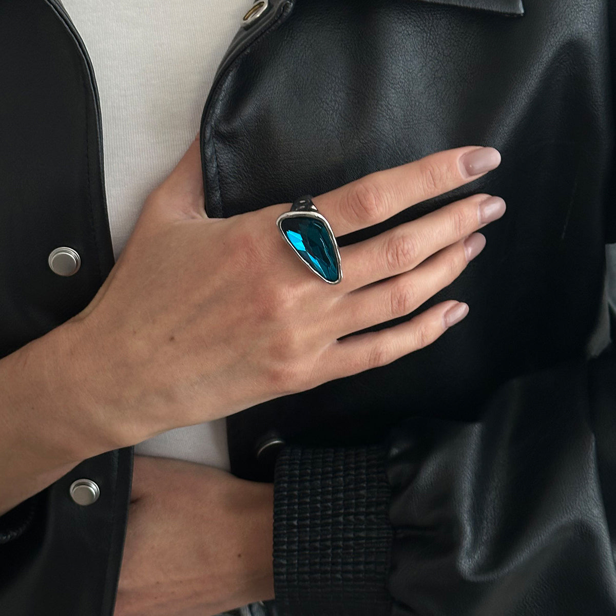 Teal Crystal and Silvertone Triangle Open Ring, everyday style, lifestyle look