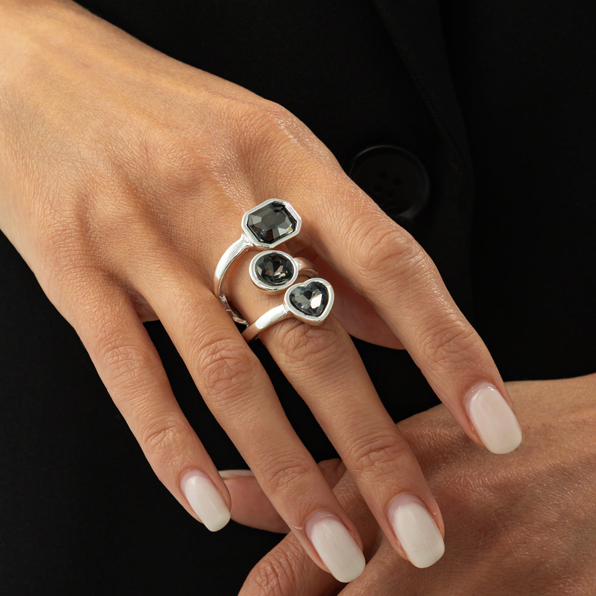Gray Crystal and Silvertone Geometric Bypass Ring, elegant gift for her, styled look