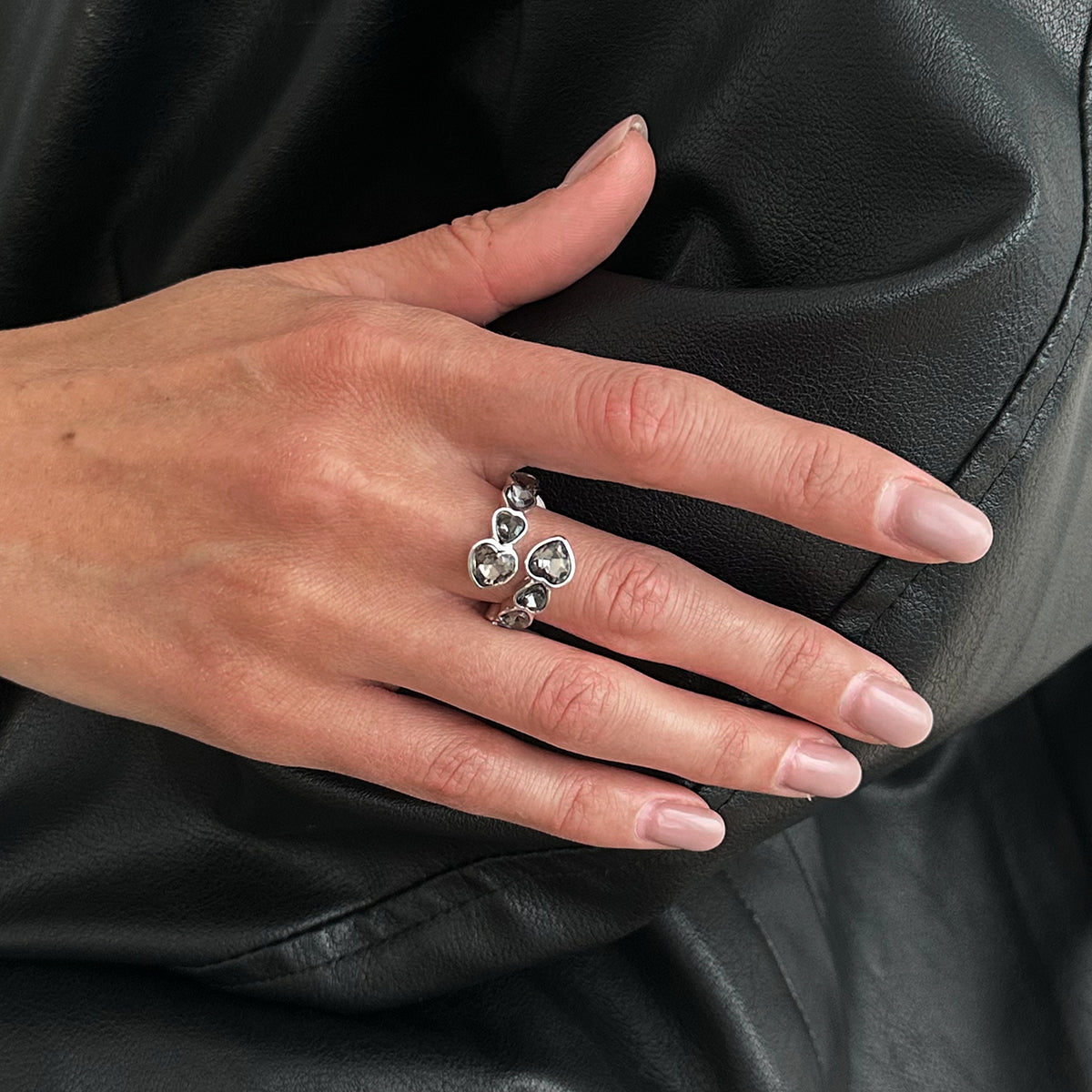 Gray Crystal and Silvertone Linked Heart Bypass Ring, dainty minimalist design, styled look