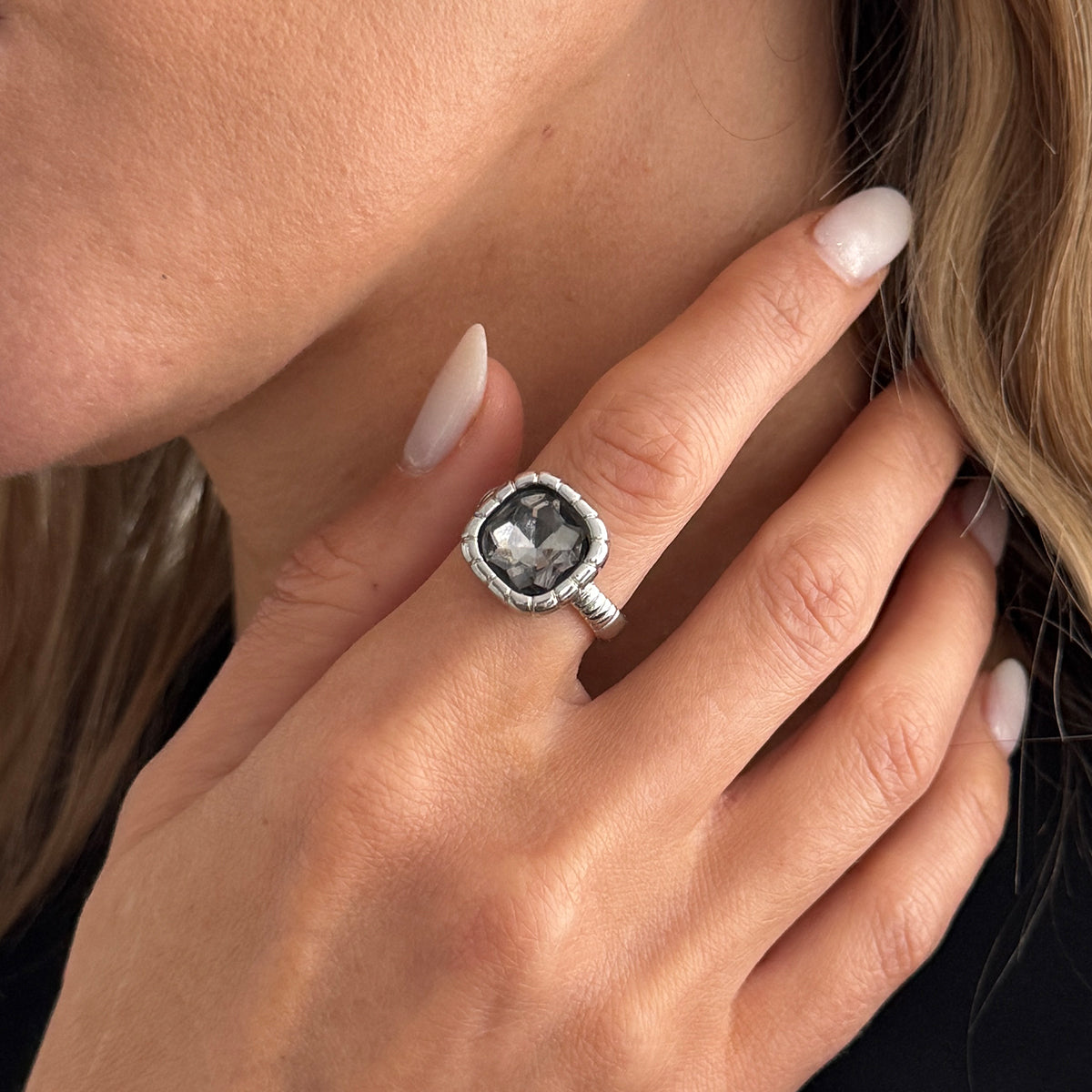 Black Crystal and Silvertone Square Open ring, everyday style, lifestyle look