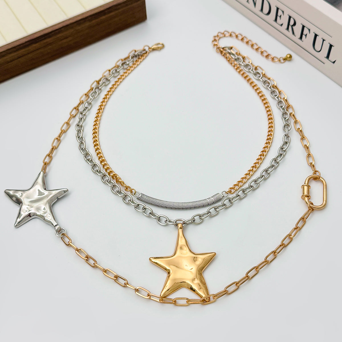 Two Tone Star Pendant Layered Necklace, elegant gift for her, detail close-up