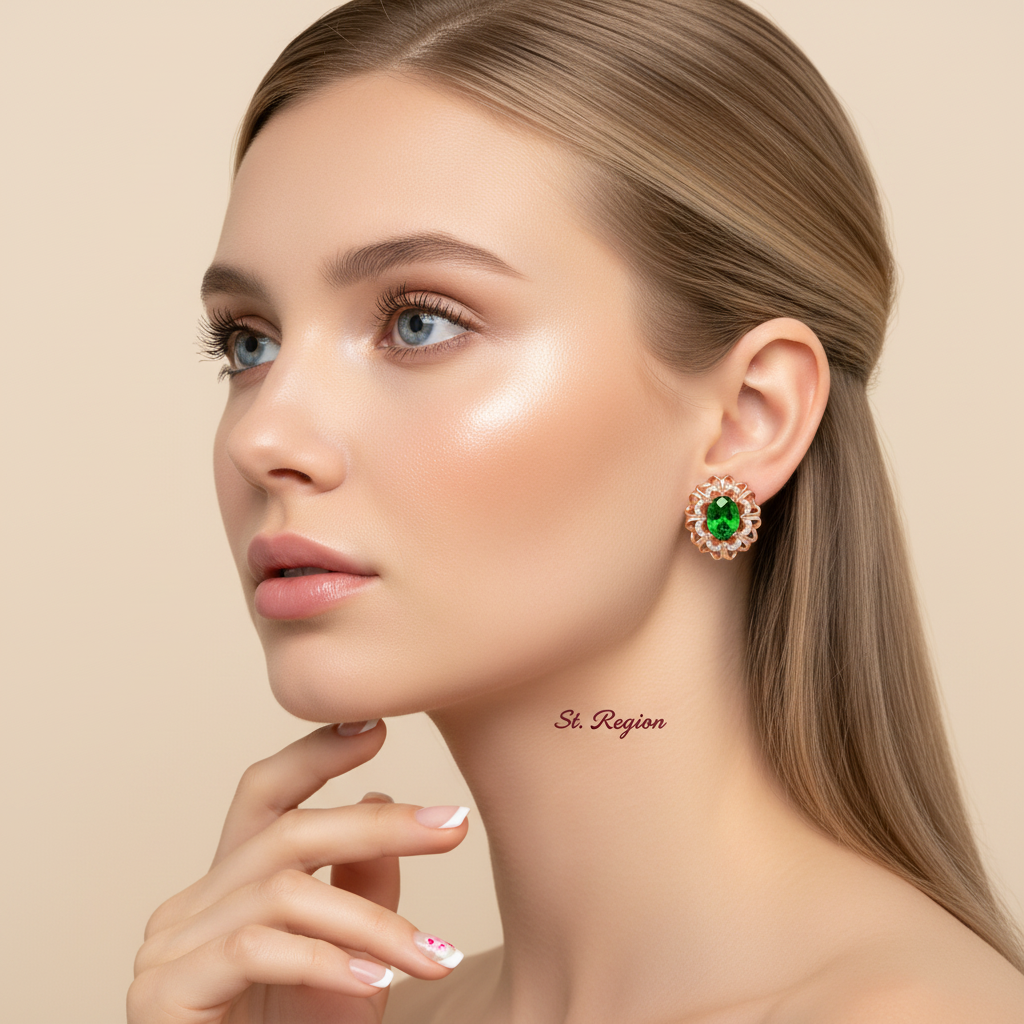 Green Crystal & Cubic Zirconia 18K Rose Gold-Plated Floral Stud Earrings - Street Region