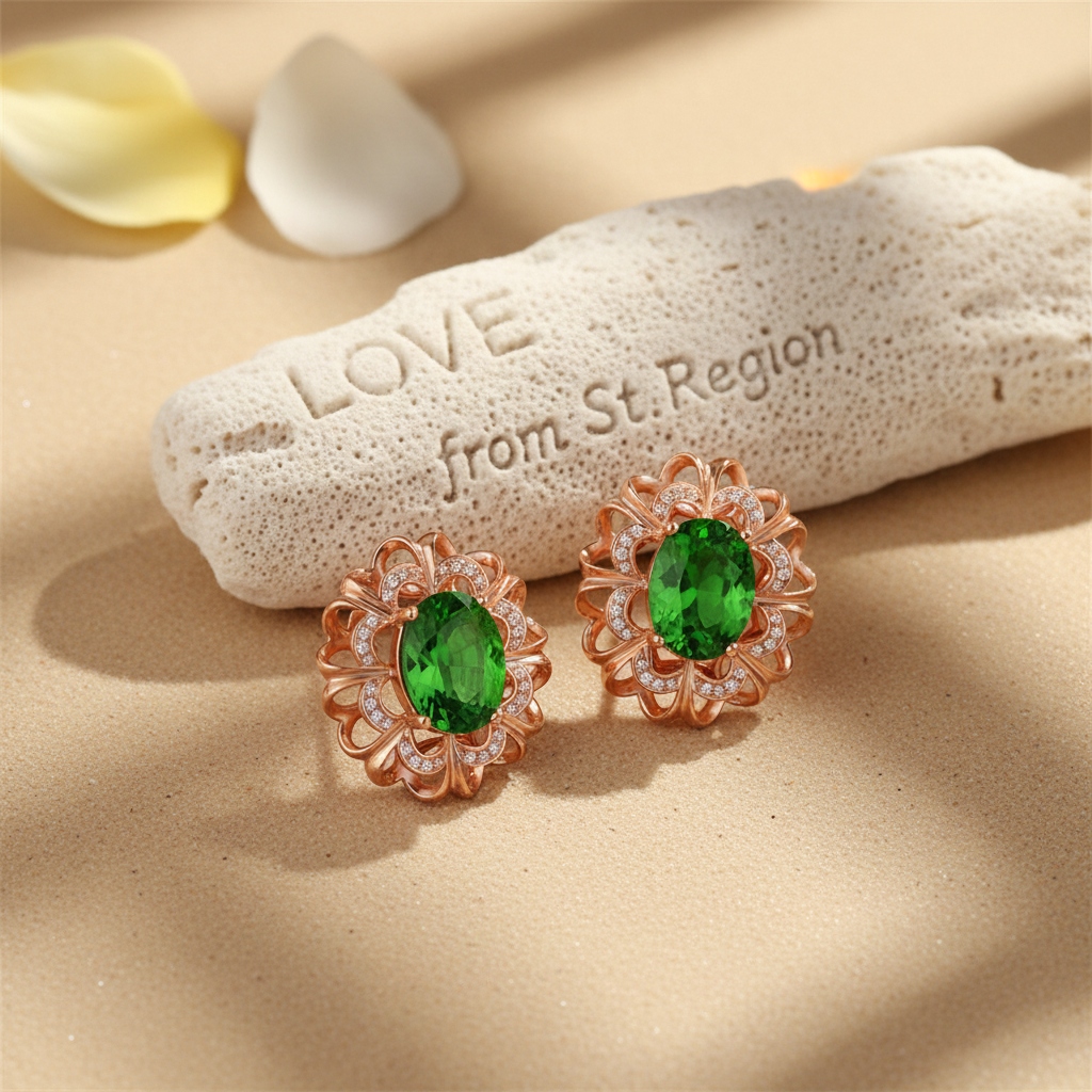 Green Crystal & Cubic Zirconia 18K Rose Gold-Plated Floral Stud Earrings - Street Region