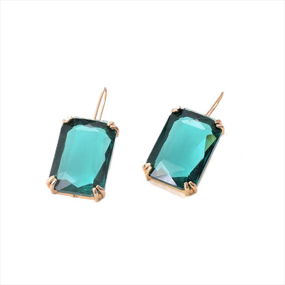 Green Crystal and 18K Gold-Plated Rectangle Drop Earrings, gold huggie earrings, elegant gift for her, side view