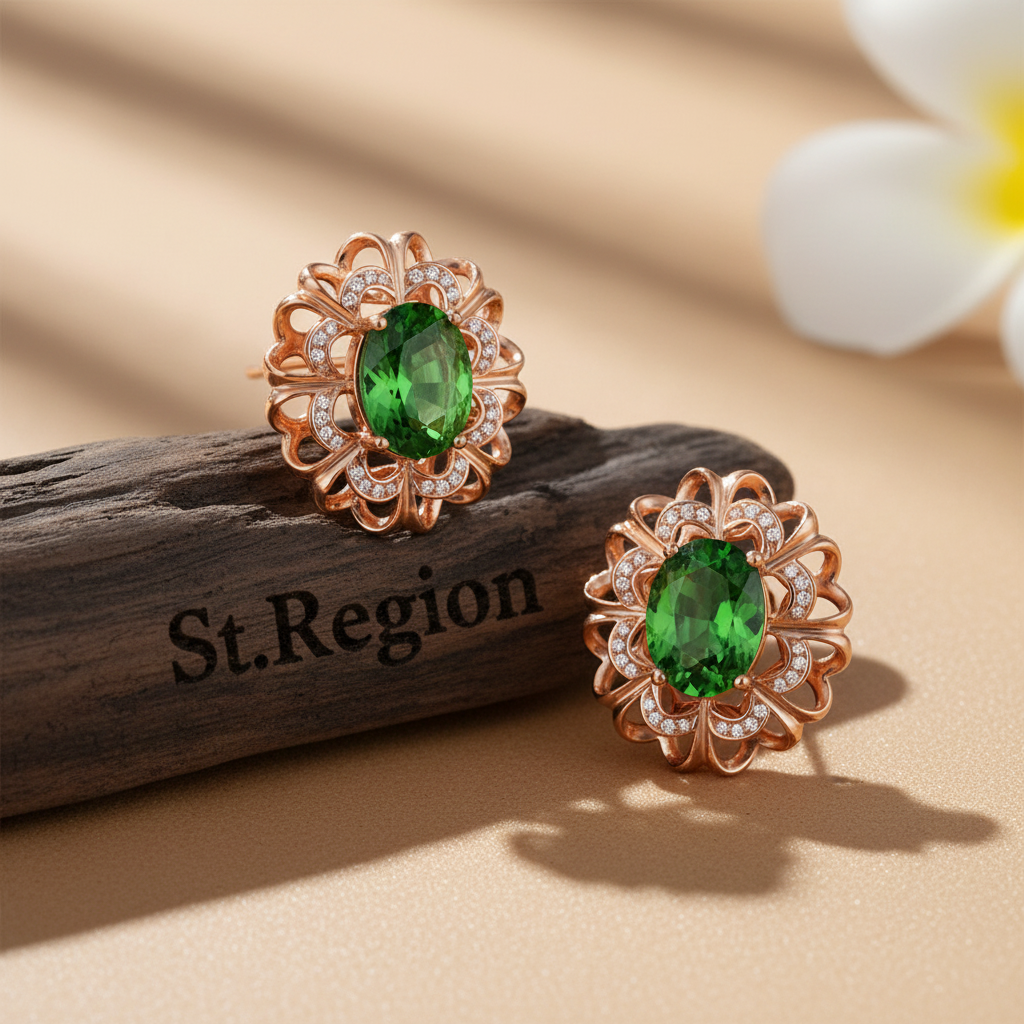 Green Crystal & Cubic Zirconia 18K Rose Gold-Plated Floral Stud Earrings - Street Region