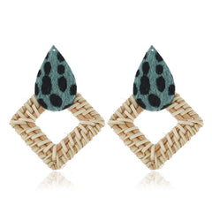 Rattan & Green Leopard Gabardine Rhombus Drop Earrings
