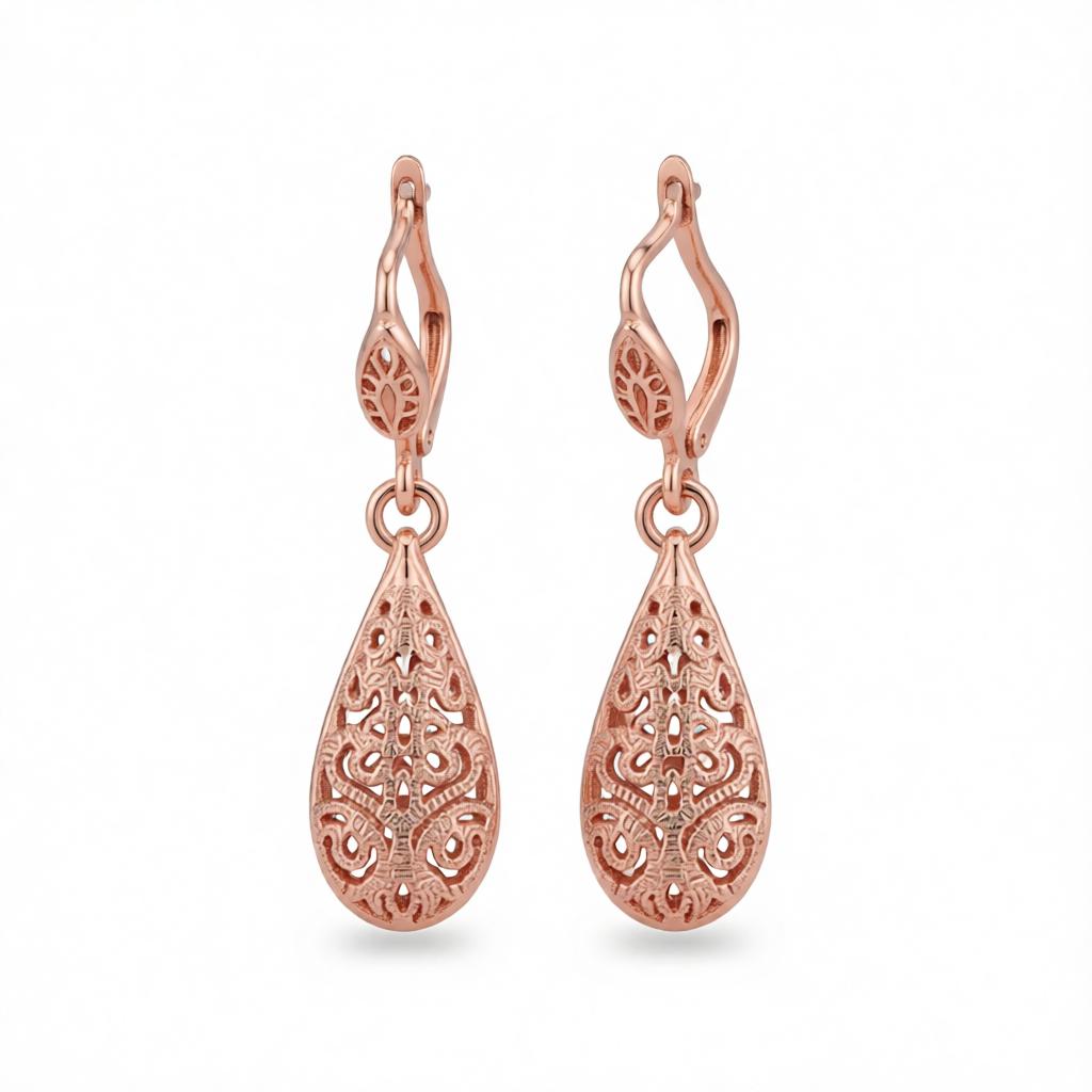 18K Rose Gold-Plated Openwork Teardrop Earrings, rose gold huggie earrings, elegant gift for her, side view
