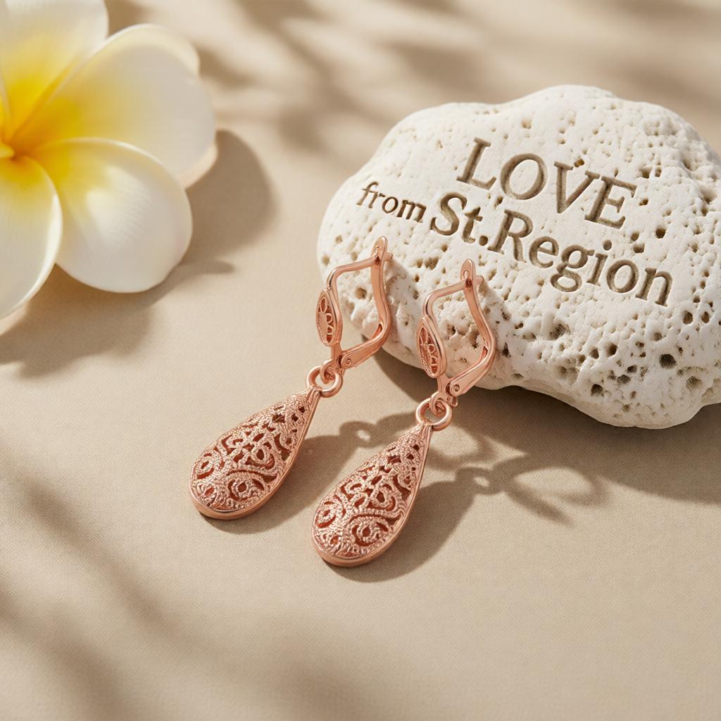 18K Rose Gold-Plated Openwork Teardrop Earrings, rose gold huggie earrings, elegant gift for her, lifestyle look