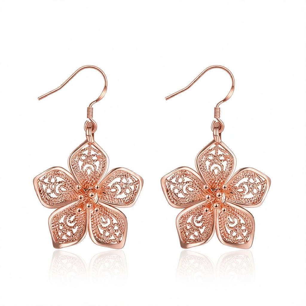 18K Rose Gold-Plated Filigree Flower Drop Earrings, rose gold drop earrings for women, vintage-inspired design, side view