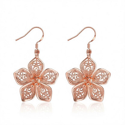 18K Rose Gold-Plated Filigree Flower Drop Earrings, rose gold drop earrings for women, vintage-inspired design, side view