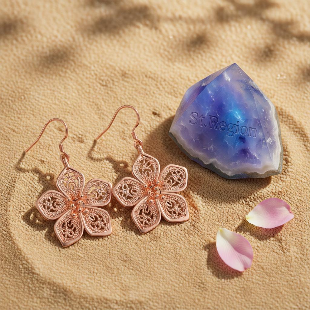 18K Rose Gold-Plated Filigree Flower Drop Earrings, rose gold drop earrings for women, detail close-up