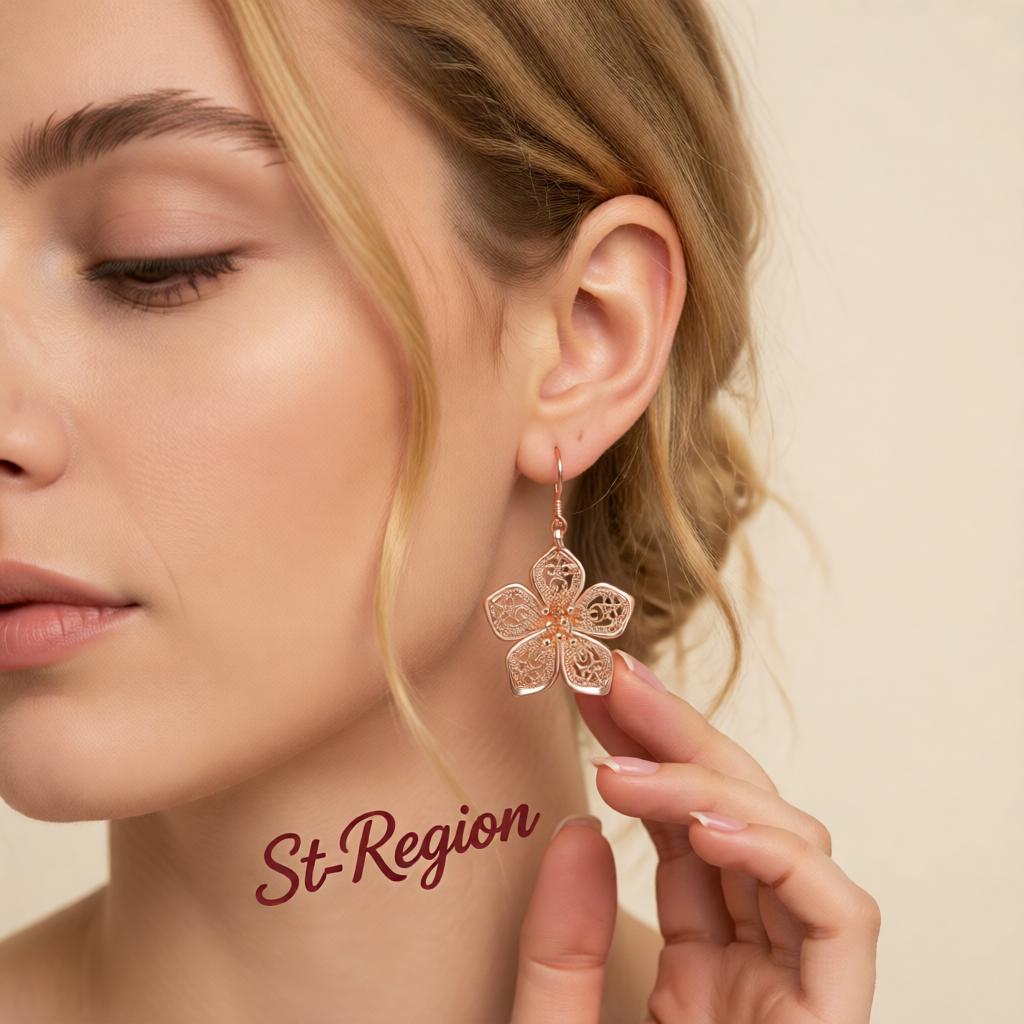 18K Rose Gold-Plated Filigree Flower Drop Earrings, rose gold drop earrings for women, vintage-inspired design, styled look