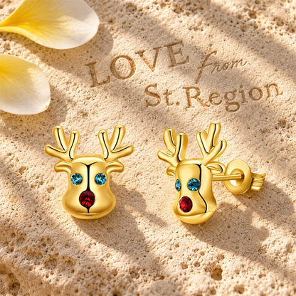 Cubic Zirconia and 18K Gold-Plated Reindeer Stud Earrings, gold stud earrings for women, elegant gift for her, lifestyle look